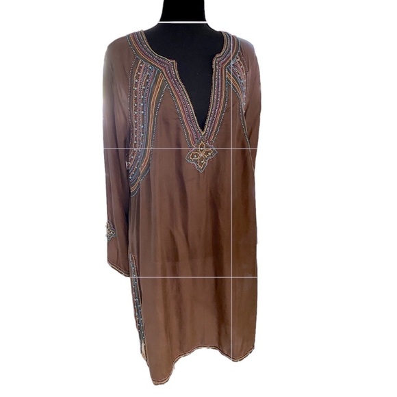 BCBG MAXAZRIA SILK” Tunic Embellished with Stones & Beads Brown Boho Chic Goth - Picture 2 of 14